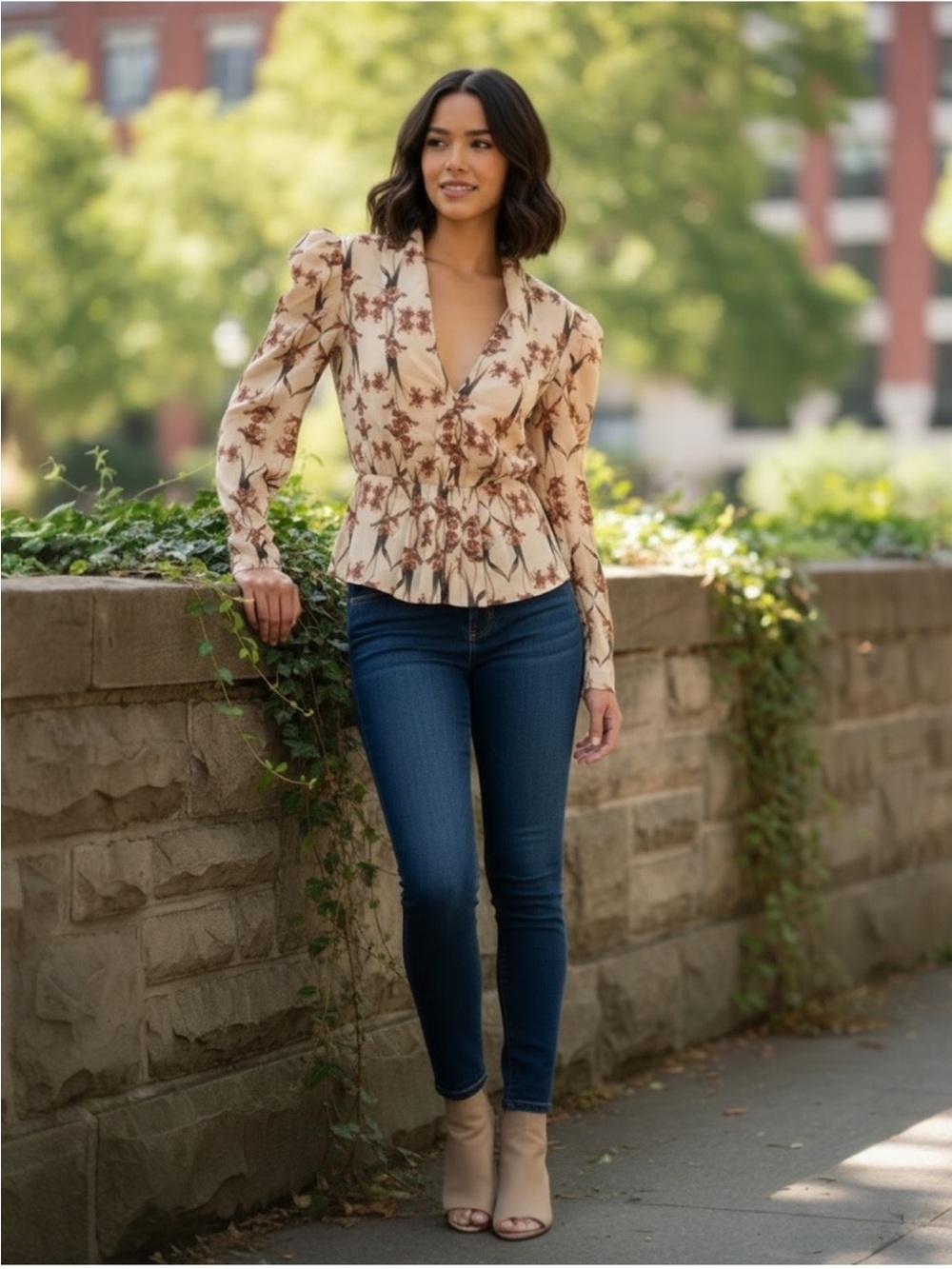 BCBGMaxAzria Cream Floral Blouse with Rust & Olive Accents